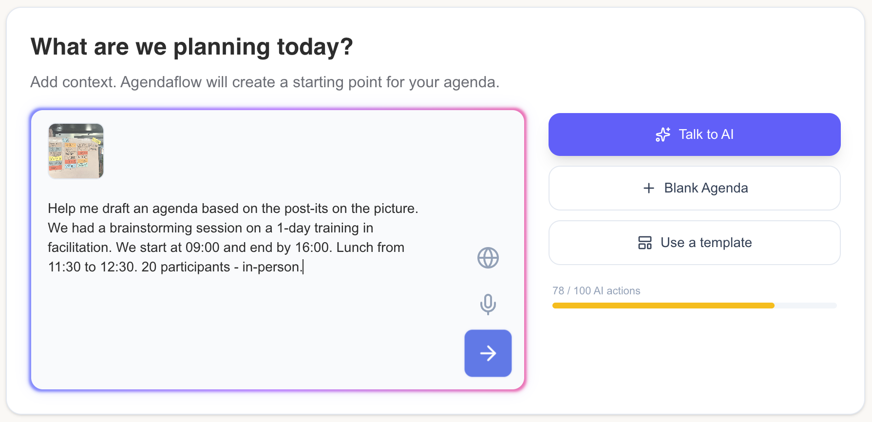 AI agenda builder — describe your workshop and get a full agenda in seconds