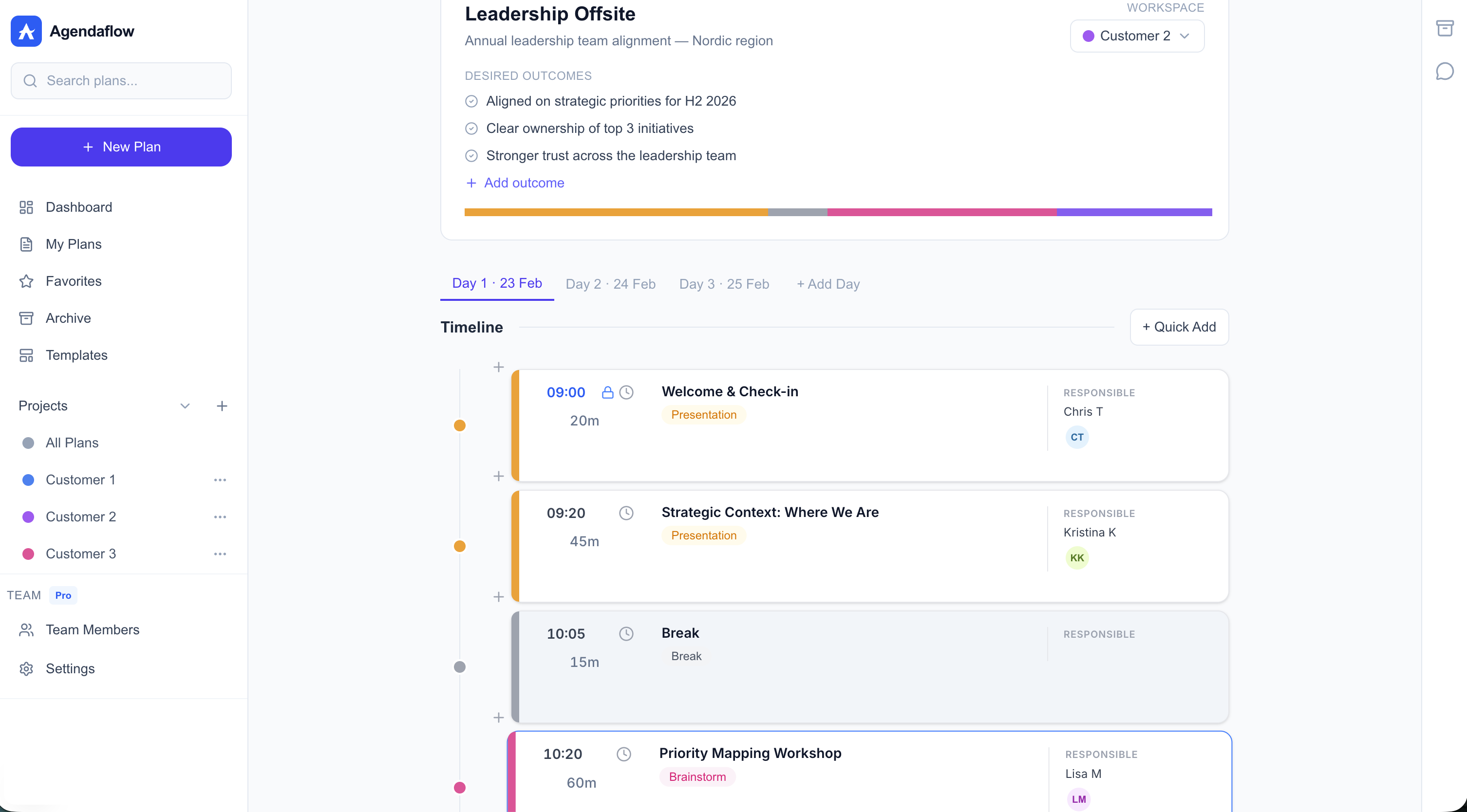 Agenda builder timeline with drag-and-drop blocks and automatic timing