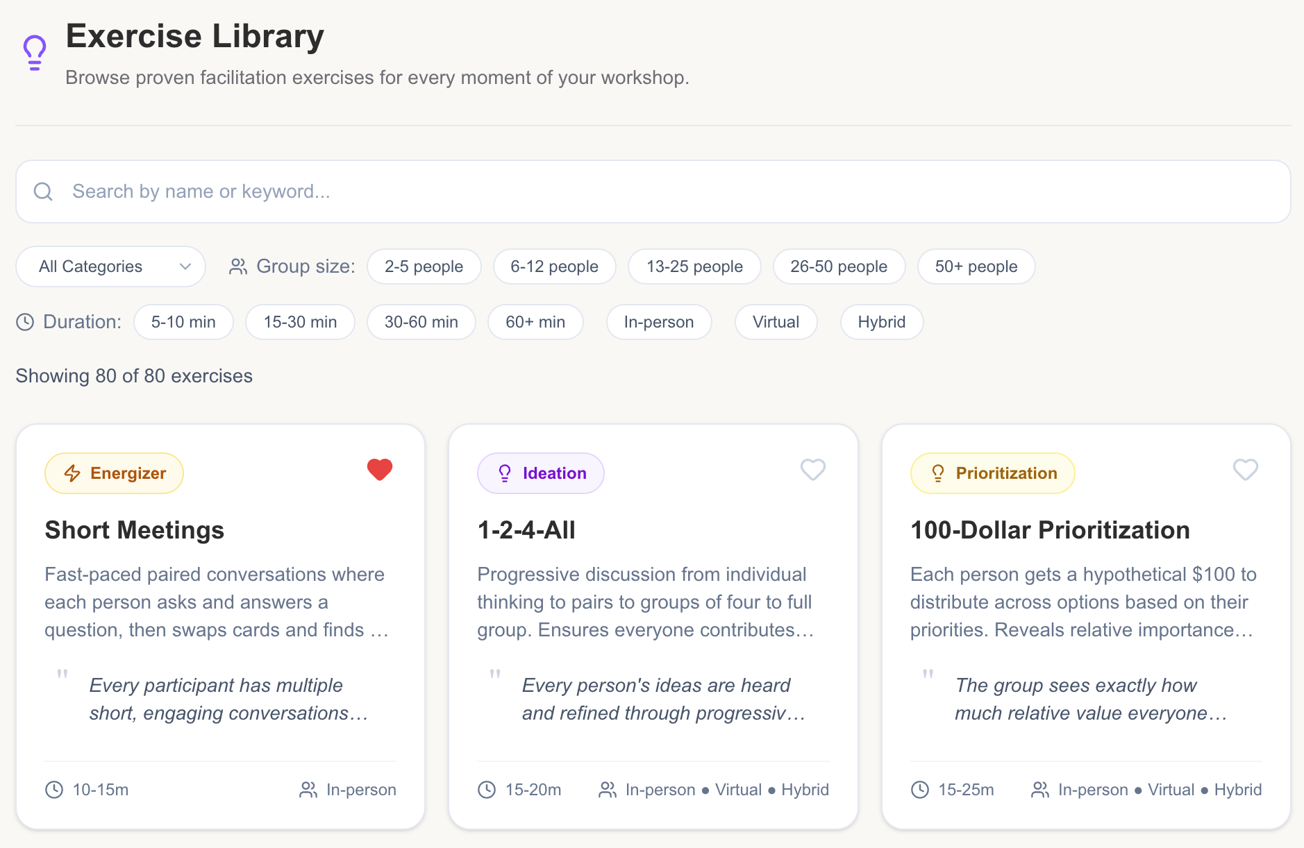 Facilitation exercise library with filters for group size and duration