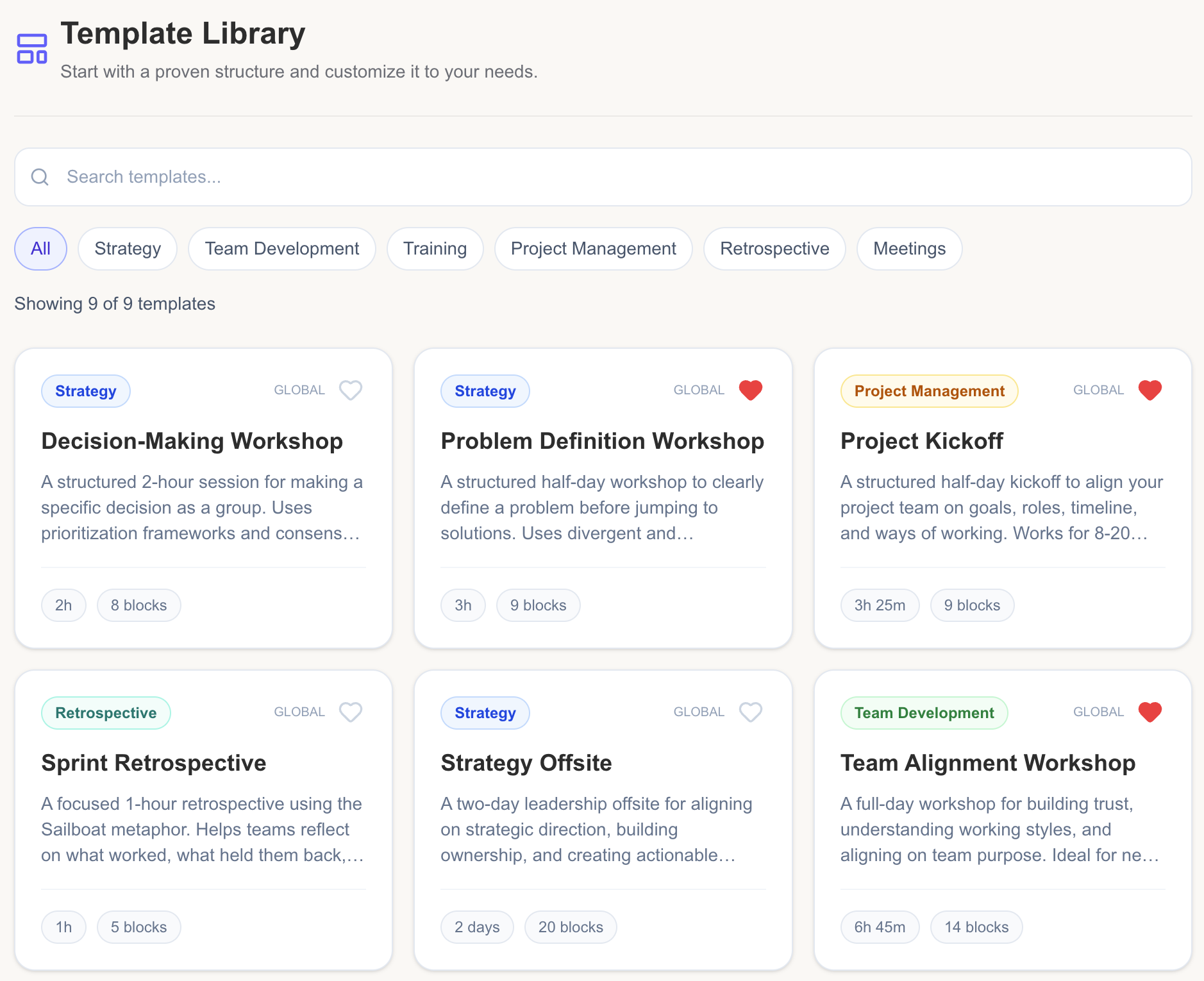 Workshop template library with categorized session templates