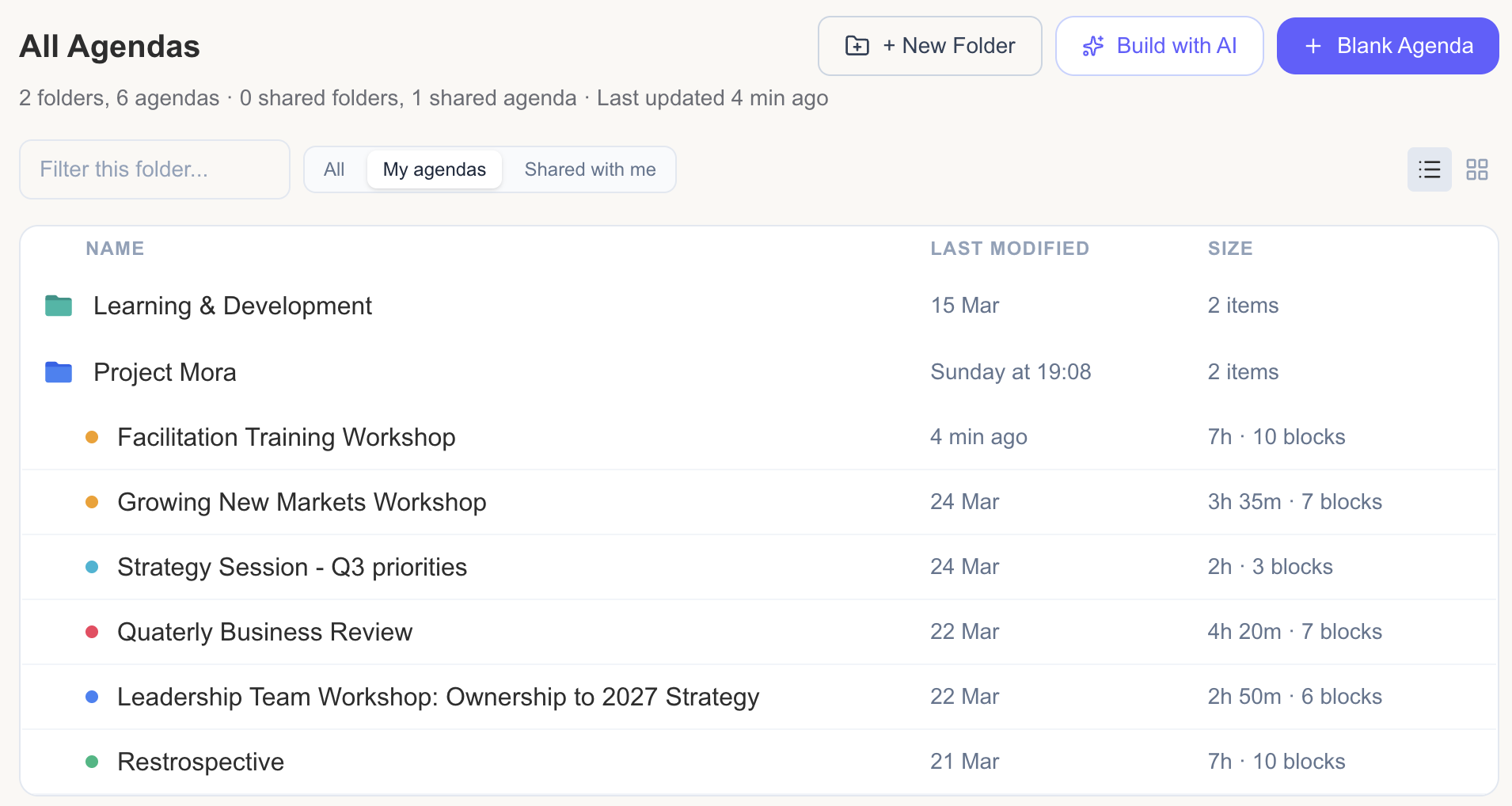 Shared folder structure for organizing team agendas